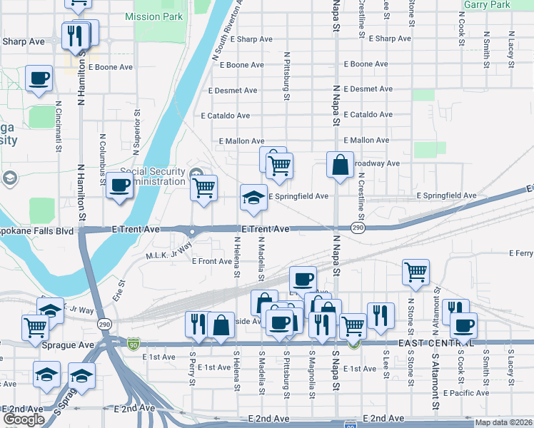map of restaurants, bars, coffee shops, grocery stores, and more near 618 North Madelia Street in Spokane