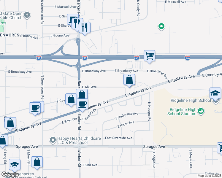 map of restaurants, bars, coffee shops, grocery stores, and more near 19020 East Alki Avenue in Spokane Valley