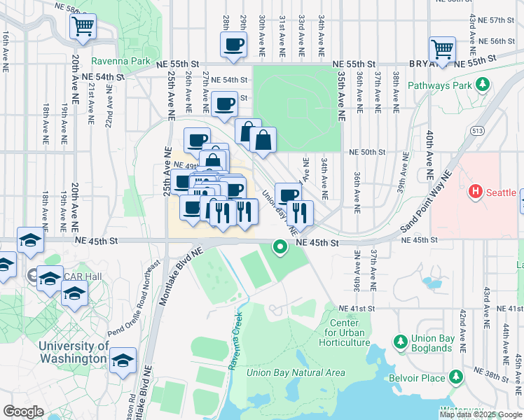 map of restaurants, bars, coffee shops, grocery stores, and more near 4611 Union Bay Place Northeast in Seattle