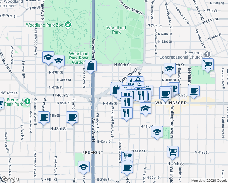 map of restaurants, bars, coffee shops, grocery stores, and more near 4610 Woodland Park Avenue North in Seattle
