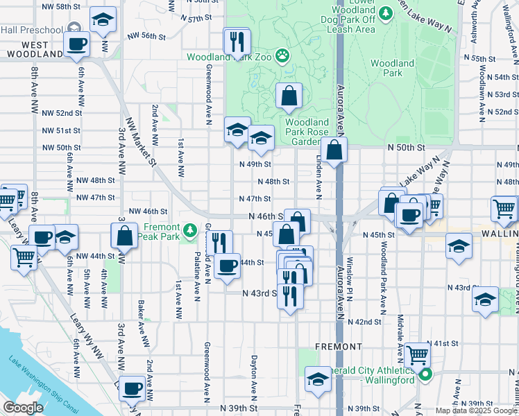 map of restaurants, bars, coffee shops, grocery stores, and more near 514 North 46th Street in Seattle