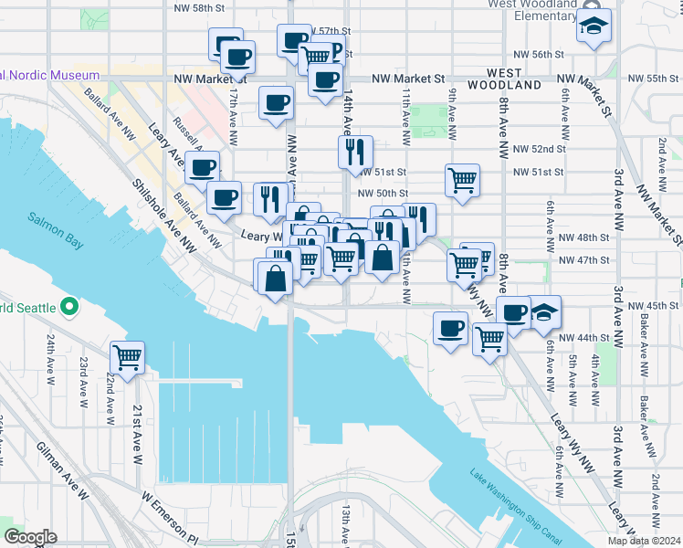 map of restaurants, bars, coffee shops, grocery stores, and more near 4609 14th Avenue Northwest in Seattle
