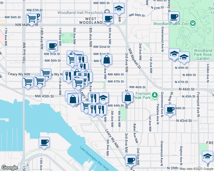 map of restaurants, bars, coffee shops, grocery stores, and more near 4608 6th Avenue Northwest in Seattle