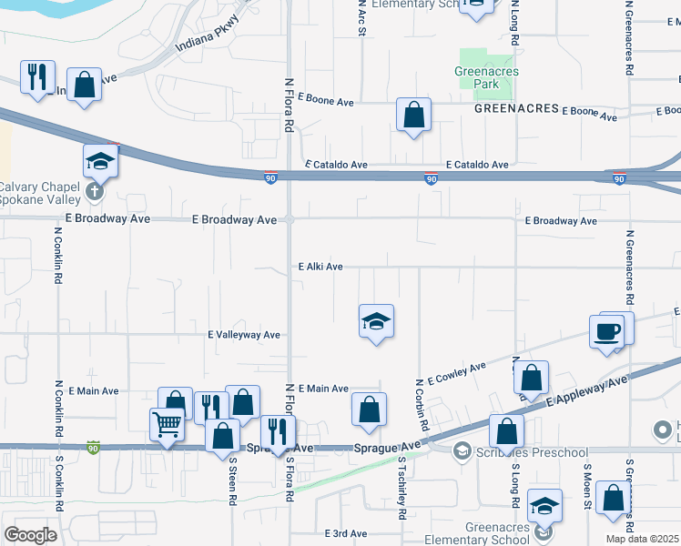 map of restaurants, bars, coffee shops, grocery stores, and more near 17222 East Alki Avenue in Spokane Valley
