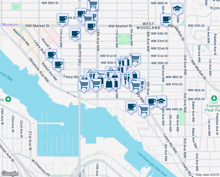 map of restaurants, bars, coffee shops, grocery stores, and more near 1122 Northwest 46th Street in Seattle