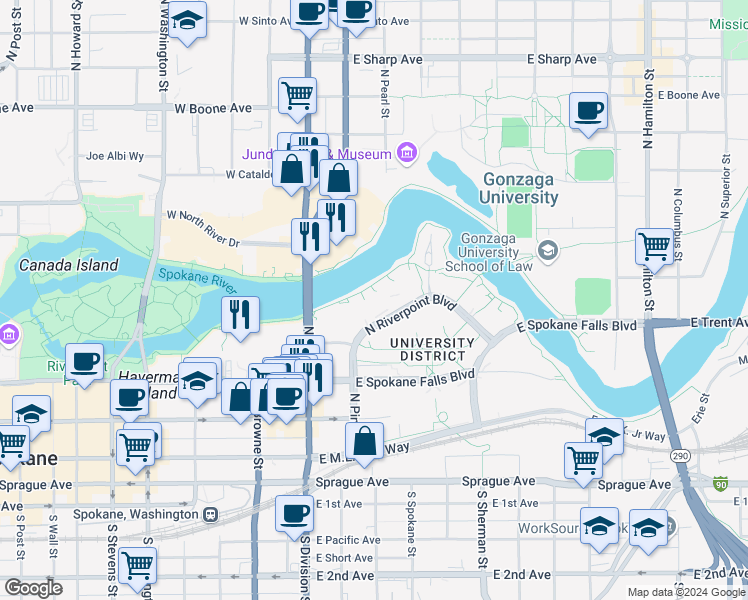 map of restaurants, bars, coffee shops, grocery stores, and more near 501 North Riverpoint Boulevard in Spokane