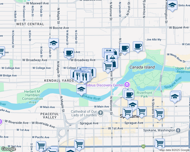 map of restaurants, bars, coffee shops, grocery stores, and more near 546 North Jefferson Street in Spokane