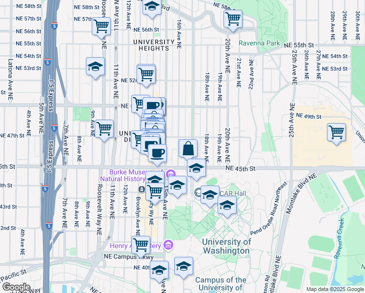 map of restaurants, bars, coffee shops, grocery stores, and more near 4550 16th Avenue Northeast in Seattle