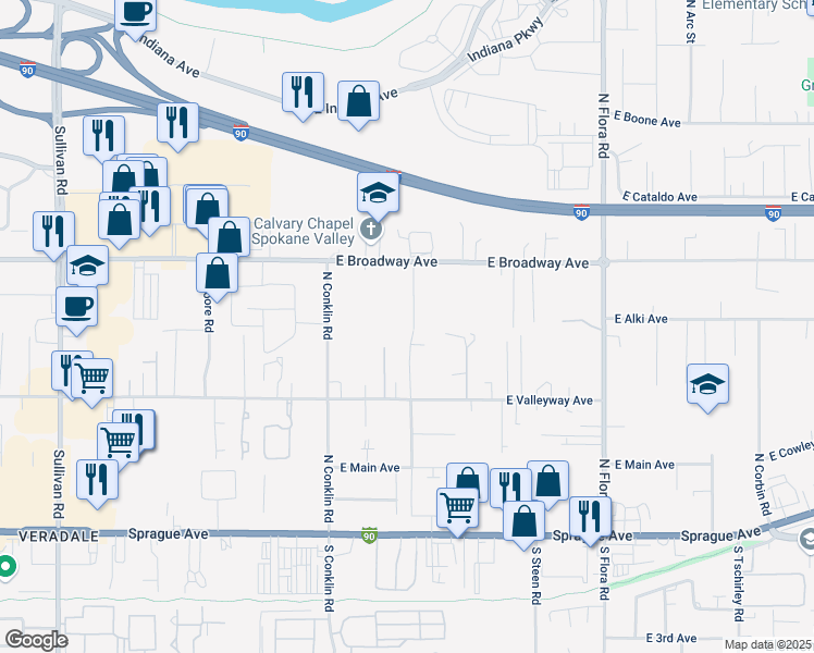 map of restaurants, bars, coffee shops, grocery stores, and more near 605 North Shamrock Road in Spokane Valley