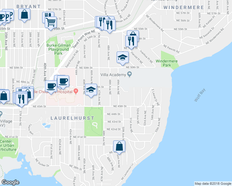 map of restaurants, bars, coffee shops, grocery stores, and more near 4541 49th Avenue Northeast in Seattle