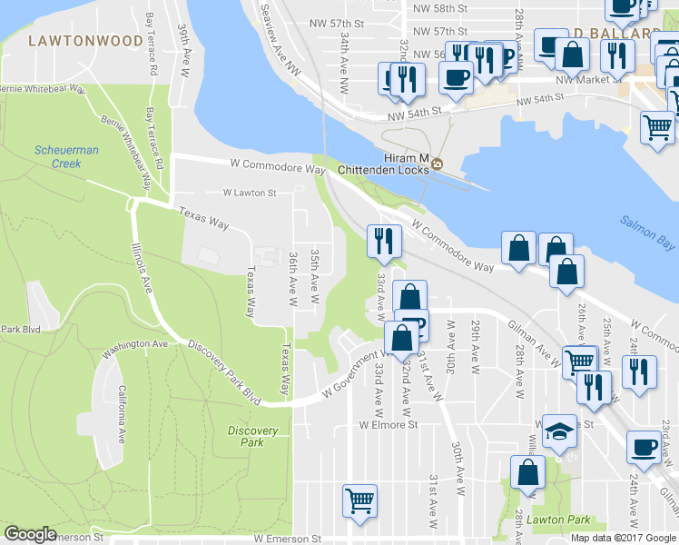 map of restaurants, bars, coffee shops, grocery stores, and more near 4554 34th Ave W in Seattle