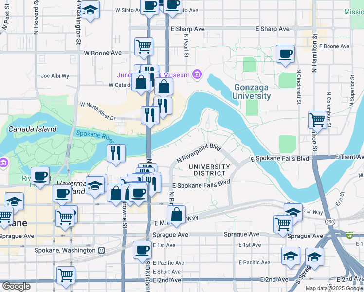 map of restaurants, bars, coffee shops, grocery stores, and more near 501 North Riverpoint Boulevard in Spokane