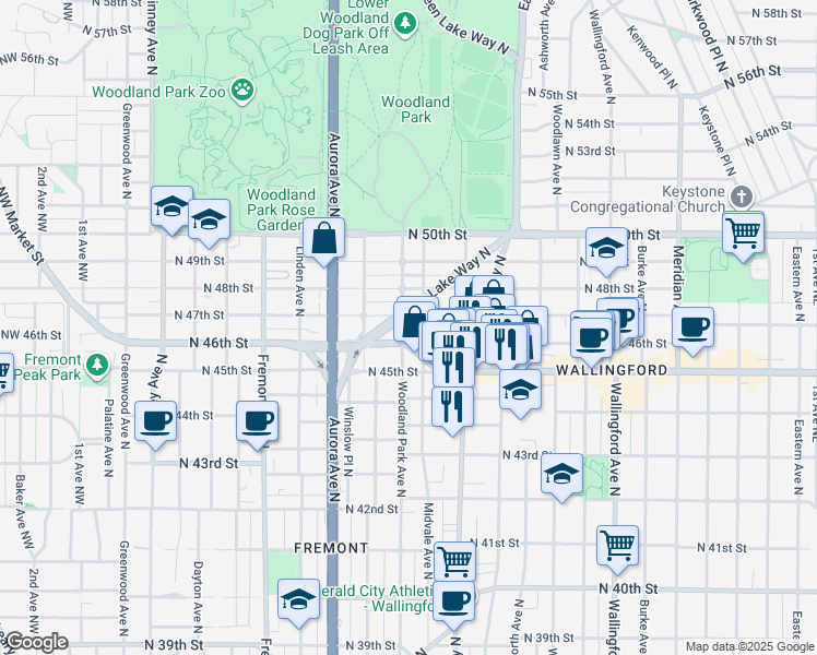 map of restaurants, bars, coffee shops, grocery stores, and more near 4612 Woodland Park Avenue North in Seattle
