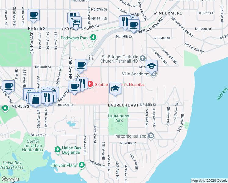map of restaurants, bars, coffee shops, grocery stores, and more near 4541 46th Avenue Northeast in Seattle