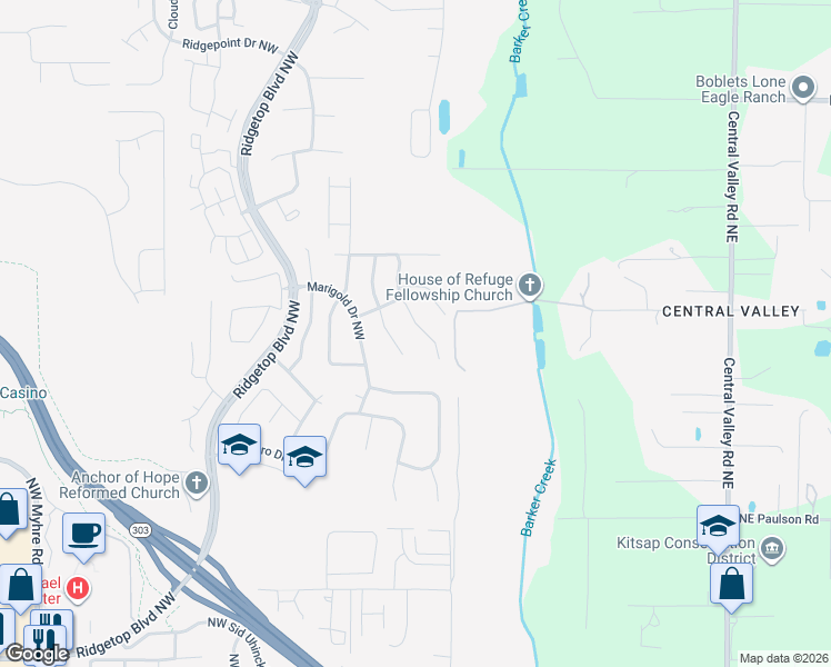 map of restaurants, bars, coffee shops, grocery stores, and more near 10923 Tulip Place Northwest in Silverdale