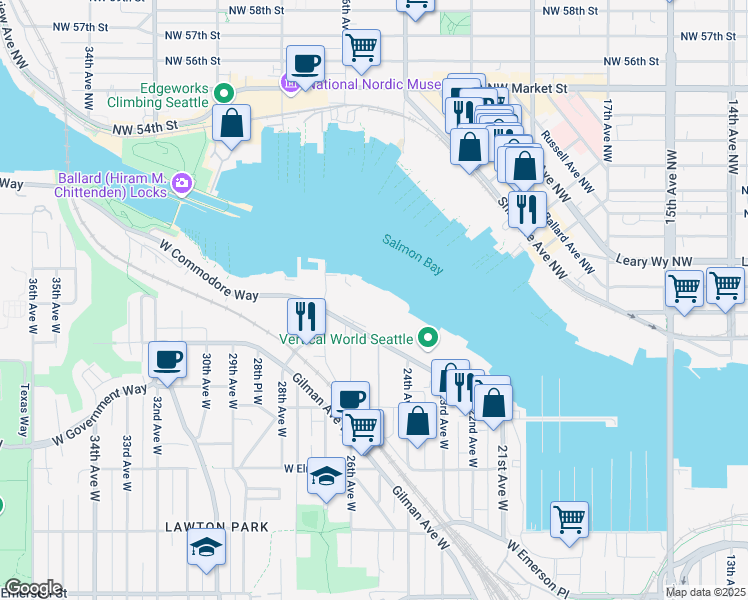 map of restaurants, bars, coffee shops, grocery stores, and more near 2440 West Commodore Way in Seattle