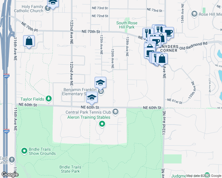 map of restaurants, bars, coffee shops, grocery stores, and more near 6065 126th Avenue Northeast in Kirkland