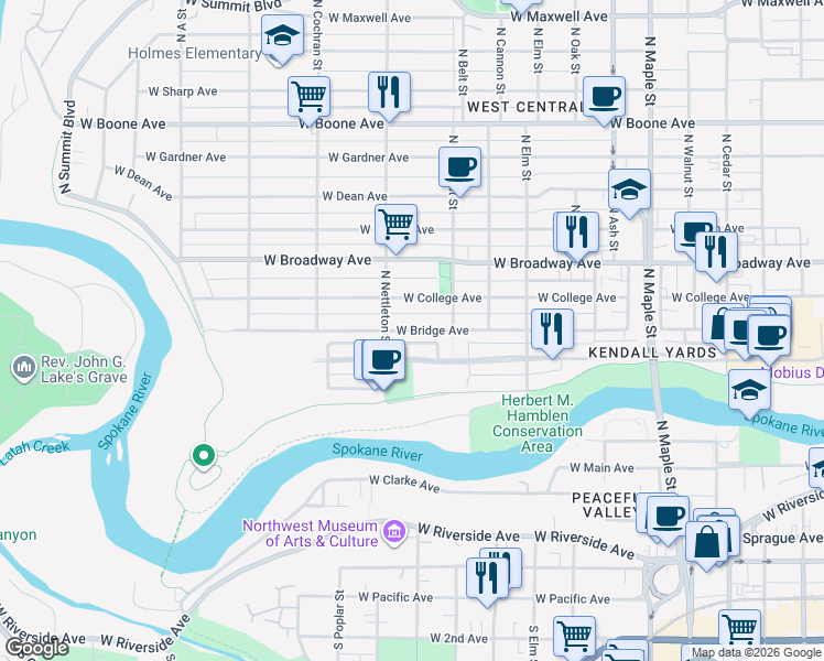 map of restaurants, bars, coffee shops, grocery stores, and more near 2223 West Bridge Avenue in Spokane