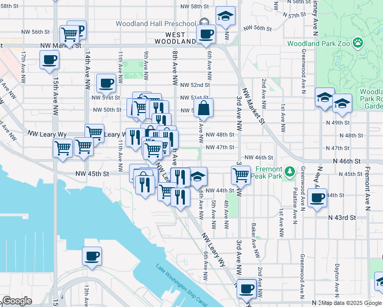map of restaurants, bars, coffee shops, grocery stores, and more near 614 Northwest 46th Street in Seattle