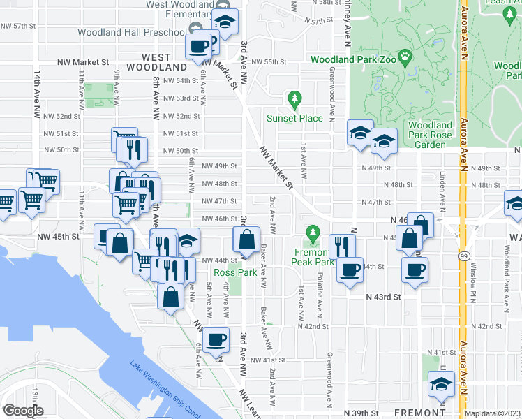 map of restaurants, bars, coffee shops, grocery stores, and more near 212 Northwest 46th Street in Seattle