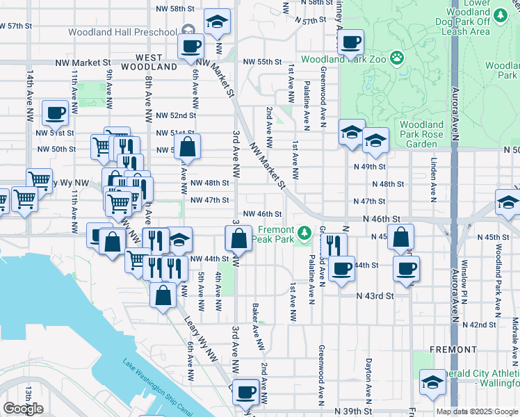 map of restaurants, bars, coffee shops, grocery stores, and more near 200 Northwest 46th Street in Seattle