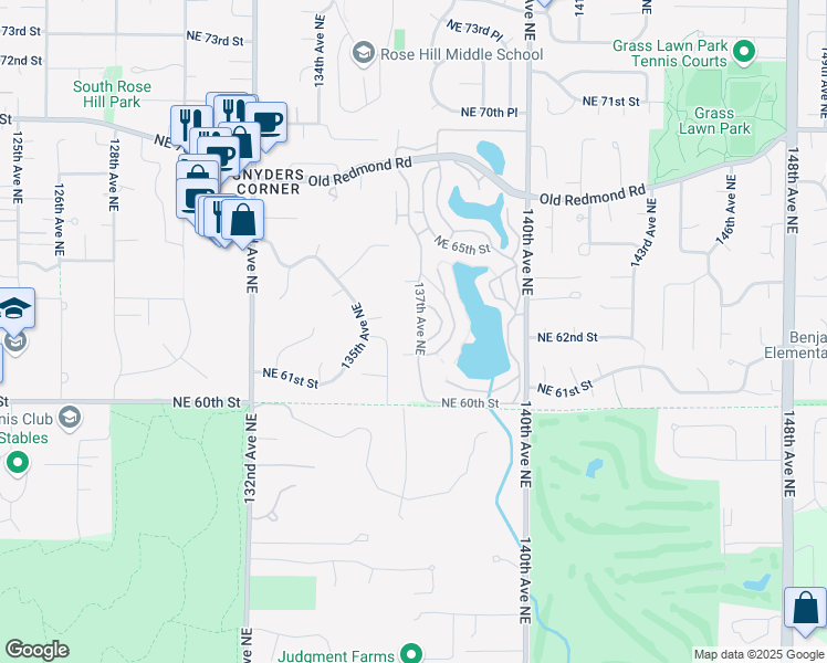 map of restaurants, bars, coffee shops, grocery stores, and more near 6355 137th Avenue Northeast in Redmond