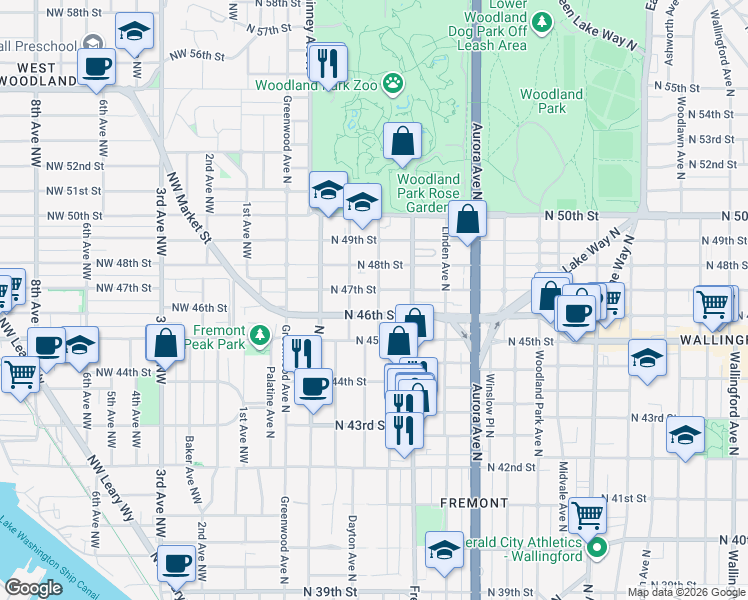 map of restaurants, bars, coffee shops, grocery stores, and more near 514 North 46th Street in Seattle