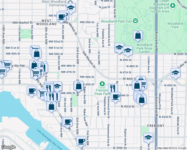 map of restaurants, bars, coffee shops, grocery stores, and more near 102 Northwest 46th Street in Seattle