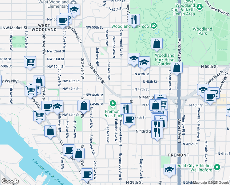 map of restaurants, bars, coffee shops, grocery stores, and more near 4606 Palatine Avenue North in Seattle