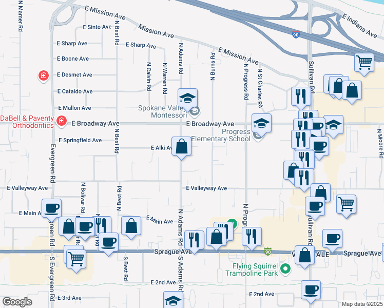 map of restaurants, bars, coffee shops, grocery stores, and more near 524 North Adams Road in Spokane Valley
