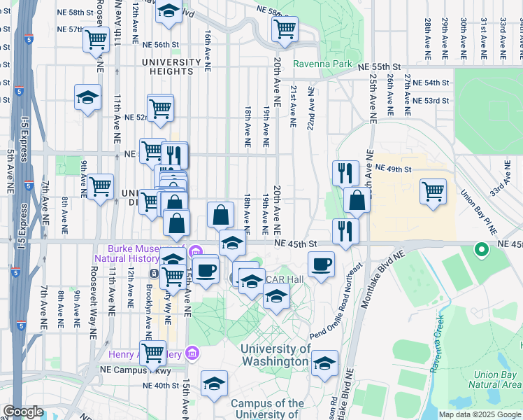 map of restaurants, bars, coffee shops, grocery stores, and more near 4542 19th Avenue Northeast in Seattle