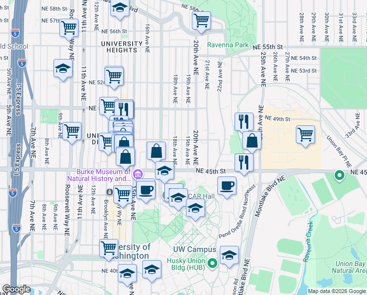 map of restaurants, bars, coffee shops, grocery stores, and more near 4542 19th Avenue Northeast in Seattle