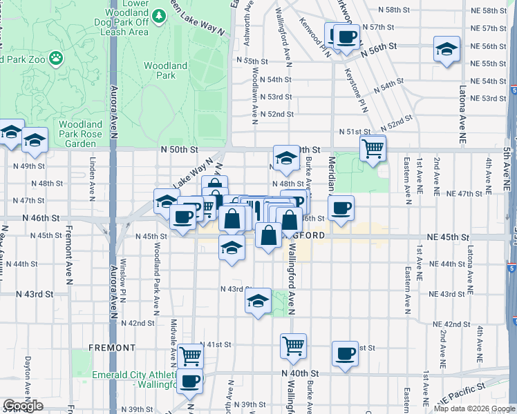 map of restaurants, bars, coffee shops, grocery stores, and more near 1616 North 46th Street in Seattle