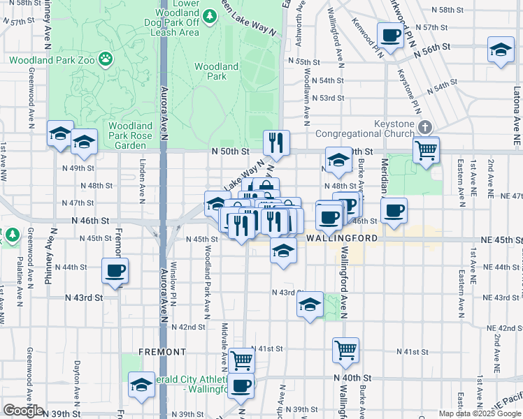 map of restaurants, bars, coffee shops, grocery stores, and more near 4606 Stone Way North in Seattle