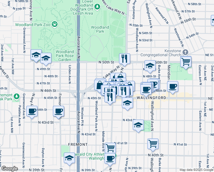 map of restaurants, bars, coffee shops, grocery stores, and more near 1212 North 46th Street in Seattle