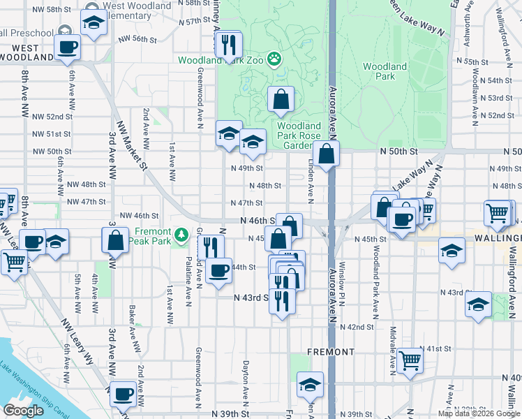map of restaurants, bars, coffee shops, grocery stores, and more near 514 North 46th Street in Seattle