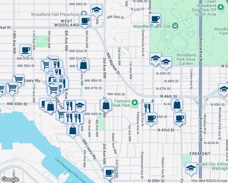 map of restaurants, bars, coffee shops, grocery stores, and more near 200 Northwest 46th Street in Seattle