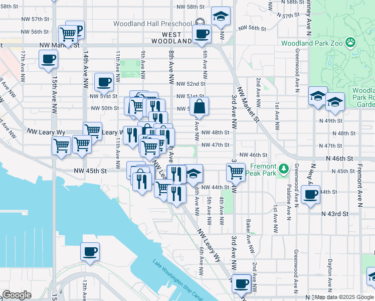 map of restaurants, bars, coffee shops, grocery stores, and more near 632 Northwest 46th Street in Seattle