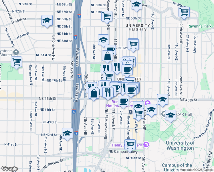 map of restaurants, bars, coffee shops, grocery stores, and more near 4555 Roosevelt Way Northeast in Seattle
