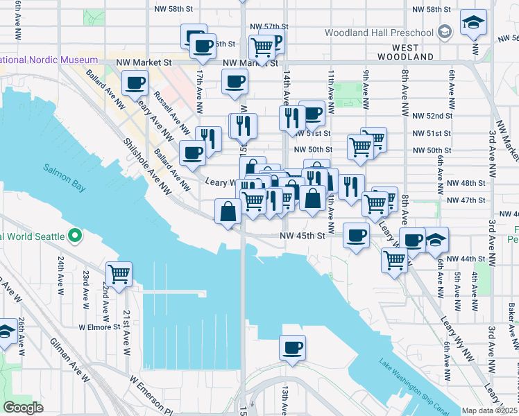 map of restaurants, bars, coffee shops, grocery stores, and more near 1416 Northwest 46th Street in Seattle