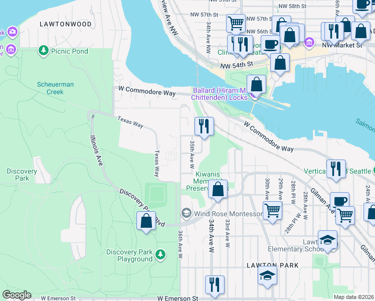 map of restaurants, bars, coffee shops, grocery stores, and more near 3508 West McCord Place in Seattle