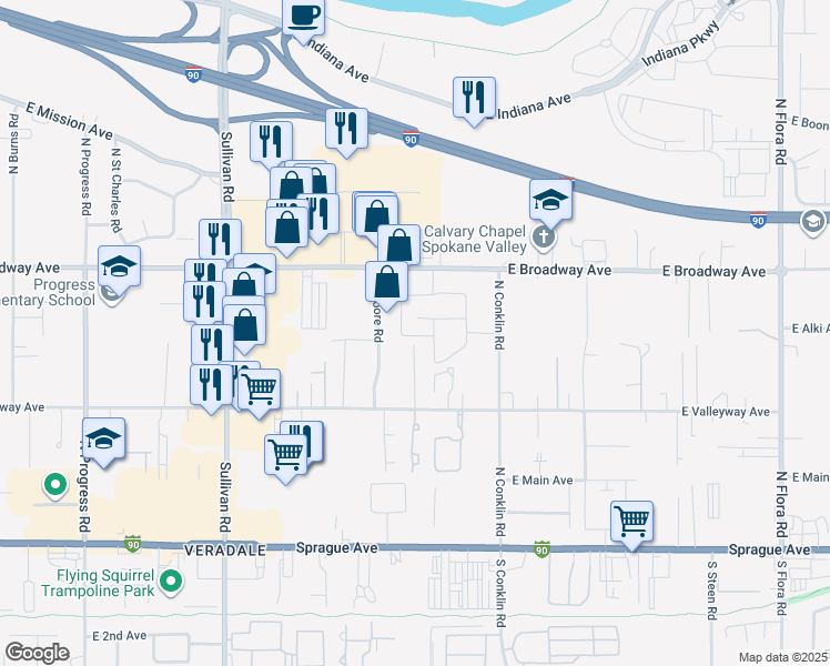 map of restaurants, bars, coffee shops, grocery stores, and more near 16102 East Broadway Avenue in Spokane Valley