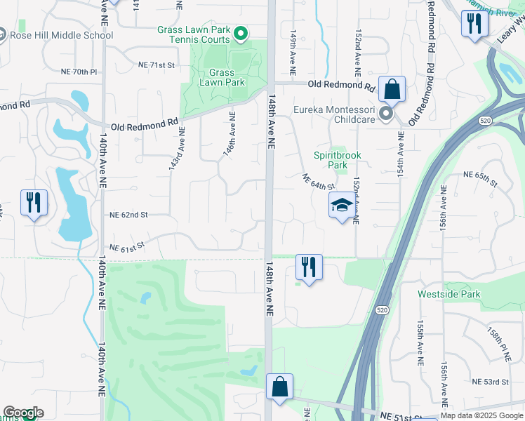 map of restaurants, bars, coffee shops, grocery stores, and more near 6203 148th Avenue Northeast in Redmond