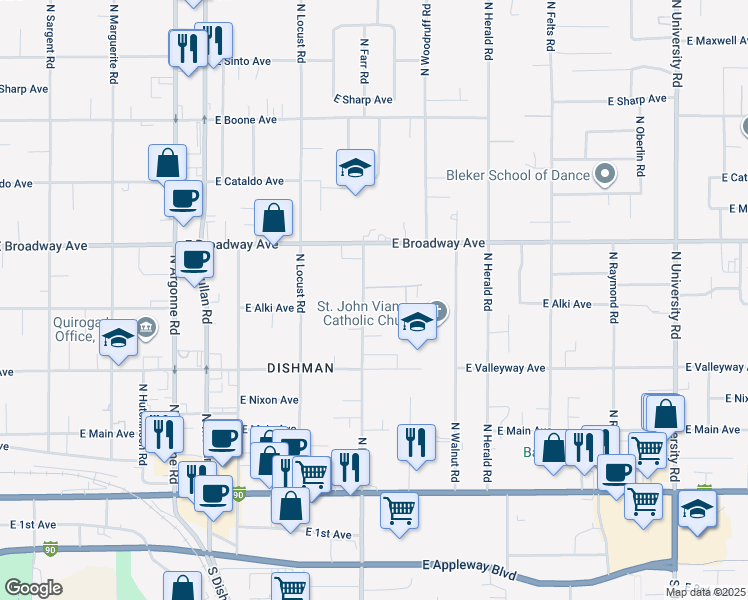 map of restaurants, bars, coffee shops, grocery stores, and more near 608 North Farr Road in Spokane Valley