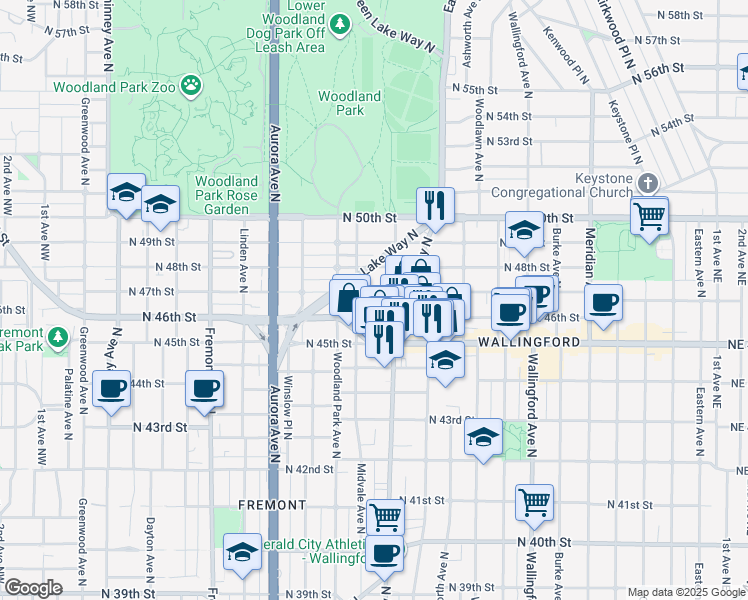 map of restaurants, bars, coffee shops, grocery stores, and more near 1212 North 46th Street in Seattle