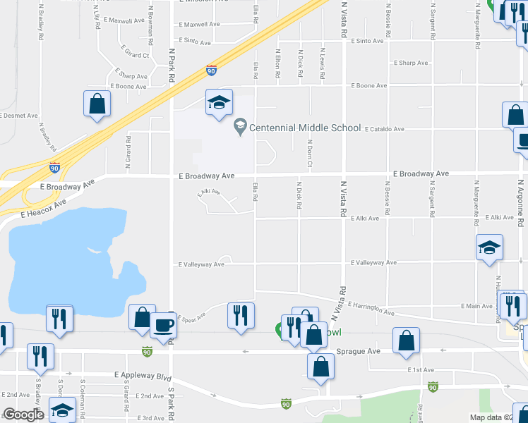 map of restaurants, bars, coffee shops, grocery stores, and more near 7909 East Alki Avenue in Spokane Valley