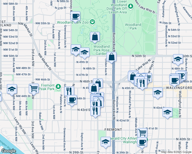 map of restaurants, bars, coffee shops, grocery stores, and more near 4615 Fremont Avenue North in Seattle