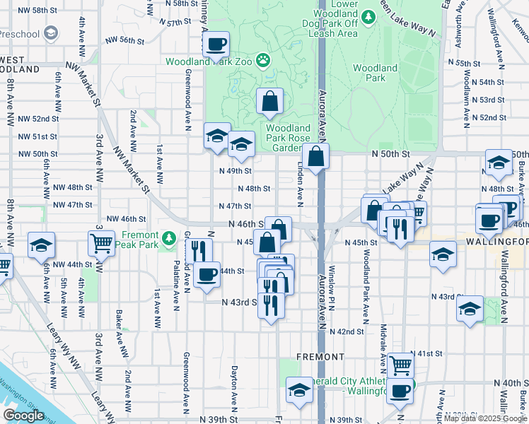 map of restaurants, bars, coffee shops, grocery stores, and more near 4605 Fremont Avenue North in Seattle