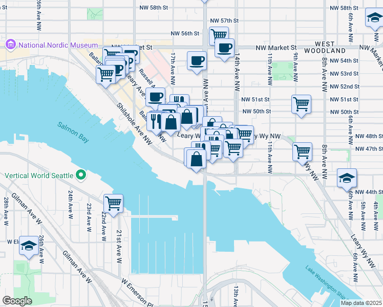 map of restaurants, bars, coffee shops, grocery stores, and more near 1525 Northwest Ballard Way in Seattle