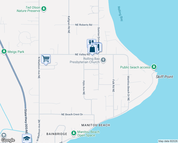map of restaurants, bars, coffee shops, grocery stores, and more near 10231 Northeast Albertson Road in Bainbridge Island